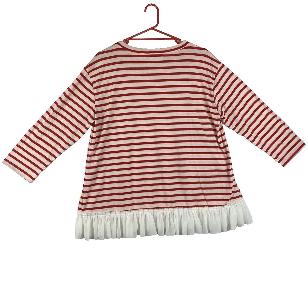 Women’s Boat Neck 3/4 Sleeve Red & White Striped Top Ruffle Hem Size M - Picture 6 of 10